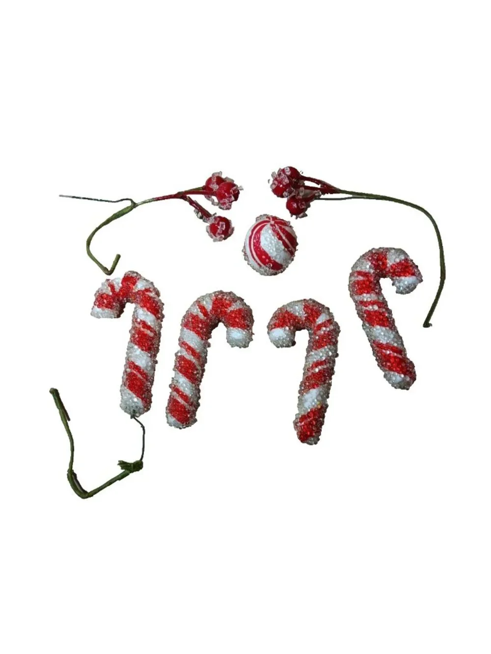 VTG Sugared Peppermint Candy and Berries Christmas Decorations 6 pc Red White